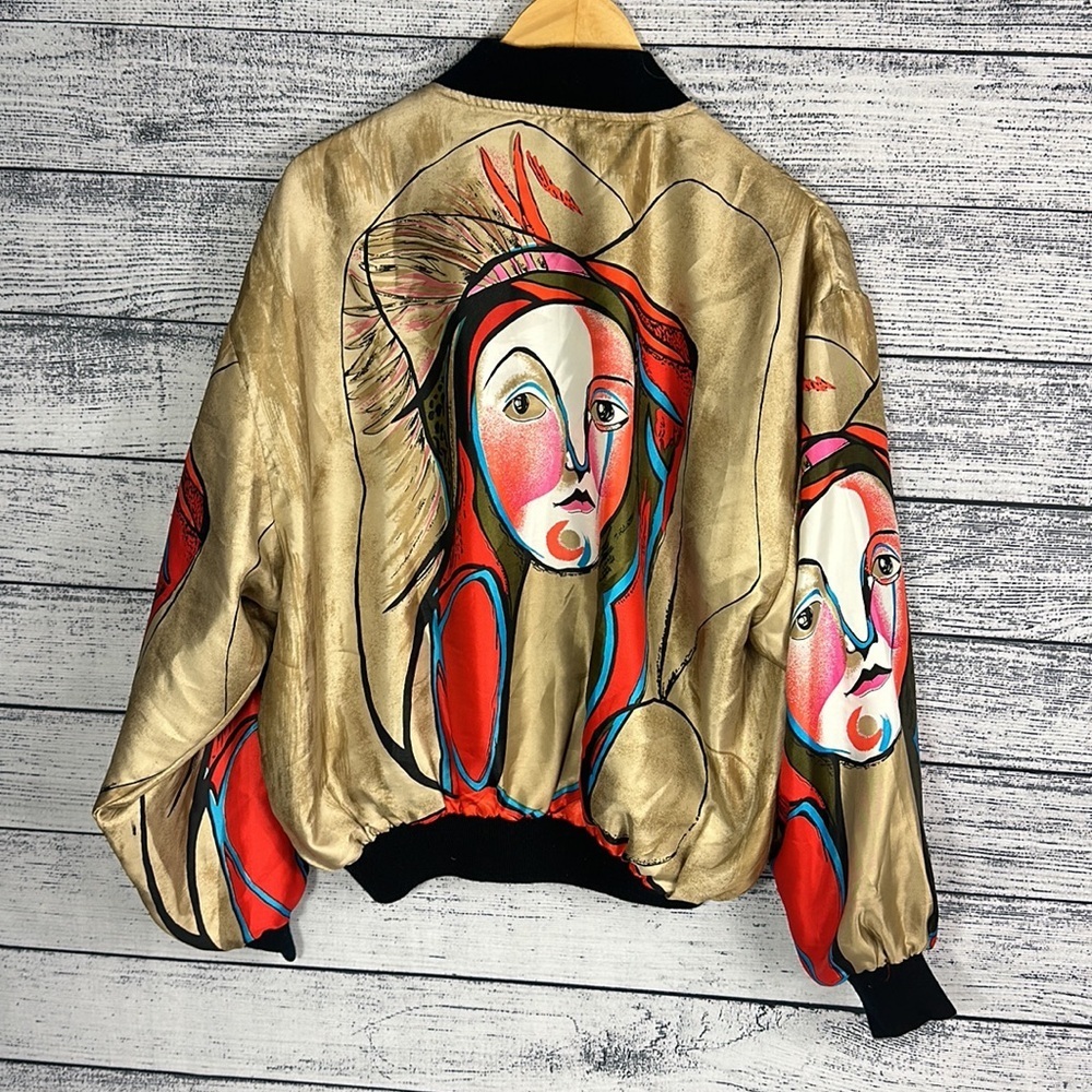 Vintage Mighty Picasso Artsy Women’s Bomber Jacket Art Coat Abstract Colorful - Picture 5 of 5